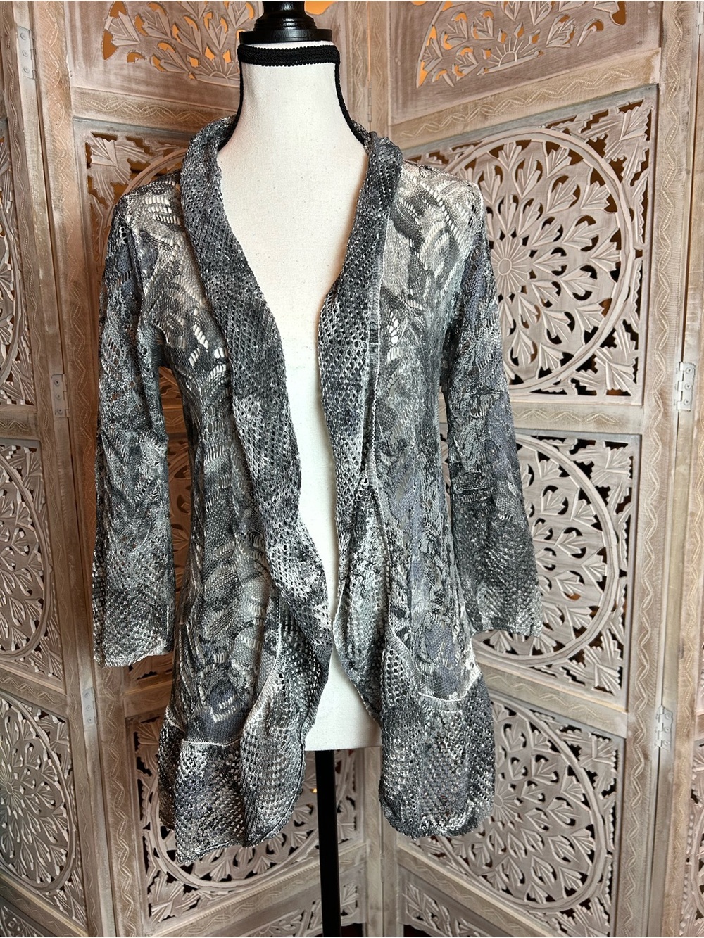 Alberto Makali Gray Open-Front Textured Knit Cardigan